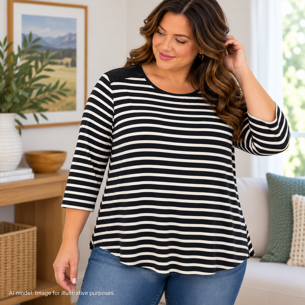 Talbots Shirt Women Large Black Breton Stripe Lace Yoke Overlay Hi Lo Pleat Back